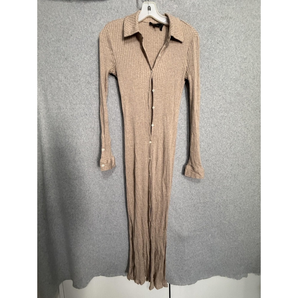 Theory Dress Womens S Beige Ribbed‎ Collared Button Front Maxi Sweater Knit